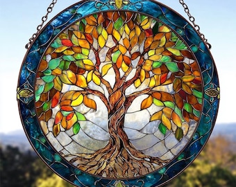 Acchiappasole in vetro colorato a forma di albero della vita, decorazione per finestra, acchiappasole in vetro colorato