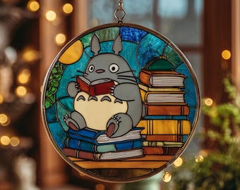 Atrapasueños de cristal de Totoro, vitrales de anime, regalo de Studio Ghibli, decoración literaria para el hogar