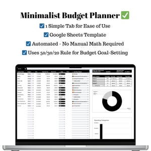 Może przedstawiać: Laptop z minimalistycznym planem budżetu. Ekran pokazuje szablon Google Sheets z automatycznymi obliczeniami. Tekst podkreśla zasadę 50/30/20 dla celów budżetowych.