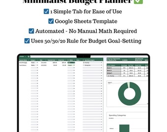 Minimalist Budget Planner Google Sheets Template - Green Version (Digital Download)