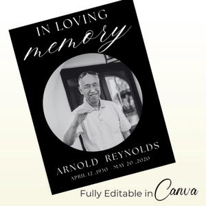 Könnte beinhalten: Schwarz-weiße Gedenkkarte mit dem Text "IN LOVING memory" in Schreibschrift. Ein kreisförmiges Foto eines lächelnden Mannes ist zentriert. Der Name "ARNOLD REYNOLDS" und die Daten "APRIL 12 .1930 - MAY 20 .2020" stehen darunter. Der Text "Fully Editable in Canva" steht unten.