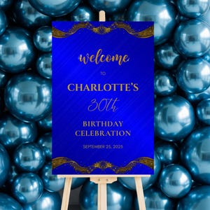 Royal Blue & Gold Birthday Welcome Sign: Glitter Party Decor (Digital Download)