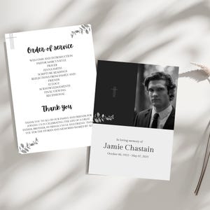 Minimalist Ash Black Funeral Program Template: Editable Memorial Service (Canva, Instant Download)