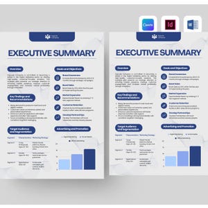 May include: Two-page executive summary document with blue and white design. The document includes sections on goals, objectives, key findings, recommendations, target audience, and advertising promotion. The document also includes charts and graphs.