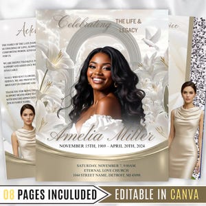Könnte beinhalten: Eine Gedenkanzeige mit einem Porträt einer lächelnden Frau, umgeben von weißen Lilien und einer Taube. Der Text lautet „Celebrating The Life & Legacy“ und enthält den Namen „Amelia Miller“ und Daten. Das Design ist vor einem weichen, neutralen Hintergrund.
