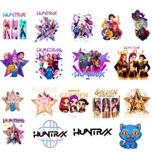 Może przedstawiać: Kolekcja kolorowych grafik z tekstami "HUNTRX" i "GOLDEN KPOP GIRLS". Projekty zawierają ilustracje stylizowanych postaci, gwiazd i niebieskiego kota. Paleta kolorów obejmuje róż, fiolet, żółty i złoty.