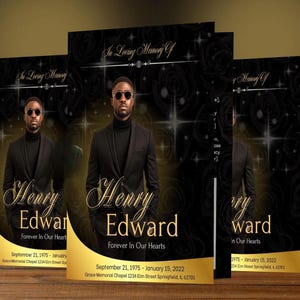 Modello di programma funebre nero e oro / Elegante necrologio (Canva)