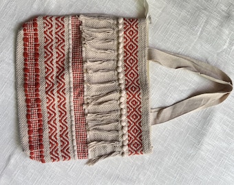 Boho Tote Bag Handmade Cotton Shoulder Bag with Fringe Design