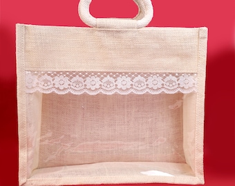 Lace Jute Gift Bags with Window | Khaki & Cream, Set of 2