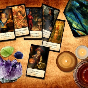 May include: A collection of tarot cards featuring illustrations of people and scenes, with titles like "Temperance" and "The Fool." The image also includes crystals, candles, and a large, iridescent stone, all arranged on a textured, brown surface.