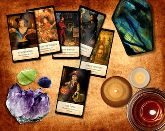 May include: A collection of tarot cards featuring illustrations of people and scenes, with titles like "Temperance" and "The Fool." The image also includes crystals, candles, and a large, iridescent stone, all arranged on a textured, brown surface.