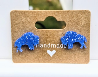Handmade Buffalo Stud Earrings: Blue Sparkle Detail
