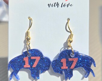 Bills Sparkle Blitz Earrings – Dangles with Blue Glitter and #17!