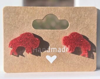 Handmade Buffalo Stud Earrings: Red Sparkle Detail