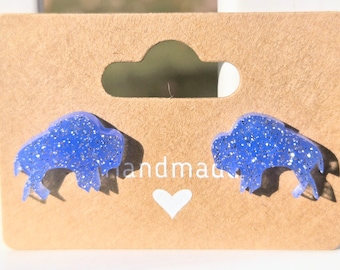 Handmade Buffalo Stud Earrings: Blue Sparkle Design