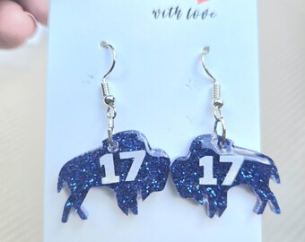 Bills Sparkle Blitz Earrings – Dangles withBlue Glitter and #17!