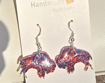 Bills Sparkle Blitz Earrings – Clear Dangles with Red, Blue & Silver Glitter