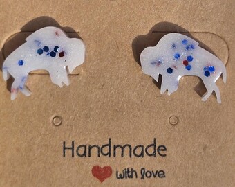 Bills Buffalo Stud Earrings, Red and Blue Sparkles