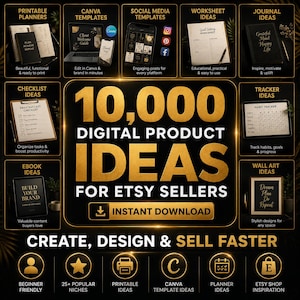 May include: A promotional graphic with the text "10,000 Digital Product Ideas for Etsy Sellers." The image showcases various digital product categories, including planners, templates, social media templates, worksheets, and journals. The text "Create, Design & Sell Faster" is also included.