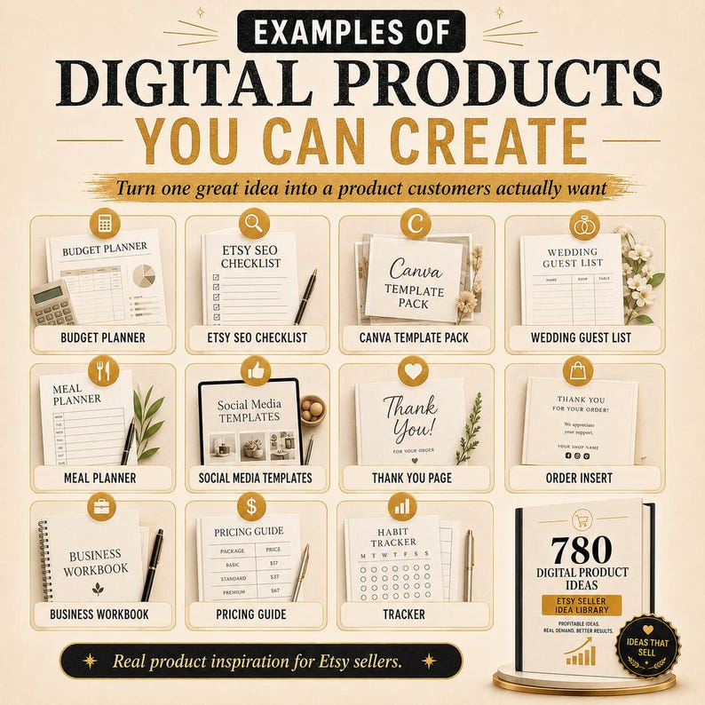 May include: An image showcasing examples of digital products, including a budget planner, Etsy SEO checklist, Canva template pack, and wedding guest list. The image also features a meal planner, social media templates, thank you page, and order insert. The text reads: "Examples of Digital Products You Can Create."