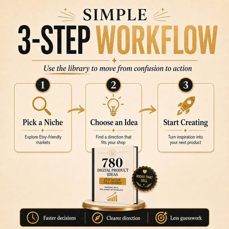 May include: A graphic illustrating a 3-step workflow for Etsy sellers. The steps are "Pick a Niche", "Choose an Idea", and "Start Creating". The image includes a book titled "780 Digital Product Ideas" and the text "Ideas That Sell".
