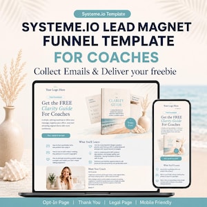 May include: A Systeme.io lead magnet funnel template for coaches displayed on a laptop and smartphone screen. The digital interface features the text Get the FREE Clarity Guide For Coaches, a book mockup, and a section titled What You'll Learn.