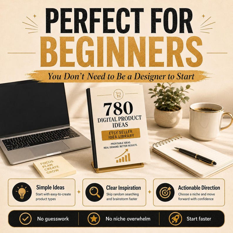 May include: An image promoting a guide for Etsy sellers, with the text "PERFECT FOR BEGINNERS." It features a laptop, a book titled "780 DIGITAL PRODUCT IDEAS," a notepad, a pen, a coffee mug, and a small plant. The guide promises simple ideas and actionable direction.