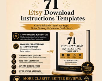 71 Etsy Download Instructions Templates, Canva Thank You Pages, Order Delivery Guide, Customer Help Sheets, Digital Download