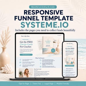 May include: A digital marketing template for Systeme.io displayed on a laptop and smartphone screen. The interface features the text 'Responsive Funnel Template Systeme.io' and 'Get the FREE Clarity Guide For Coaches' with a beach-themed aesthetic.