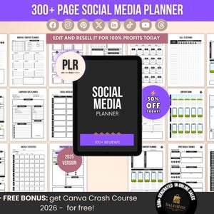 May include: A digital social media planner with over 300 pages, featuring a tablet displaying "Social Media Planner" and a "50% Off Today!" promotion. Includes templates for content, weekly statistics, and more. The text "Edit and Resell It for 100% Profits Today" is also visible.