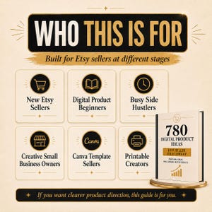 May include: An informational graphic with the text "WHO THIS IS FOR" and "Built for Etsy sellers at different stages." It features icons and text for different seller types, and a book titled "780 Digital Product Ideas."