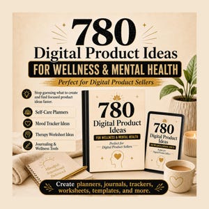 May include: A promotional graphic titled 780 Digital Product Ideas for Wellness & Mental Health, featuring a book and tablet displaying the same title, alongside a spiral notebook, a pen, a mug, and a list of product categories including planners.