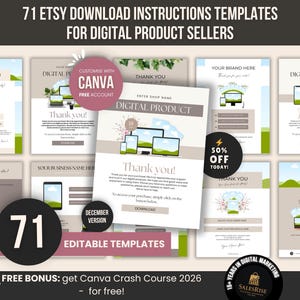 Puede incluir: Imagen promocional que muestra 71 plantillas de instrucciones de descarga de Etsy para vendedores de productos digitales. El diseño presenta maquetas de notas de agradecimiento y pantallas de productos digitales, con texto como "Personaliza con Canva" y "¡50% de descuento hoy!" También incluye el texto "Plantillas editables".