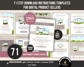71 Etsy Download Instructions Templates, Canva Editable Thank You Pages, Order Delivery & Customer Guide Sheets