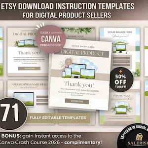 Op de afbeelding: Een Etsy-listingafbeelding met 71 sjablonen voor downloadinstructies voor digitale producten voor verkopers. Het ontwerp bevat sjablonen met de tekst "Bedankt" en "Digitaal product", een "50% korting vandaag!" badge en een Canva-cursus als bonus.