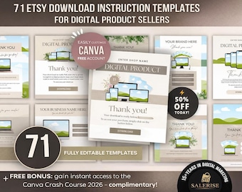 71 Etsy Download Instructions Templates, Canva Editable Thank You Pages, Order Delivery & Customer Guide Sheets