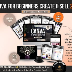 May include: An advertisement for a Canva crash course for beginners, with the text "CANVA FOR BEGINNERS CREATE & SELL 2026". The image includes a laptop, tablet, and several printed pages. The ad promises to teach how to create high-converting product visuals.