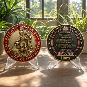 May include: Two commemorative coins on clear stands. One coin features St. Florian, patron saint of firefighters, with text. The other coin has the Firefighter's Prayer and the name "Liam" below the American flag.