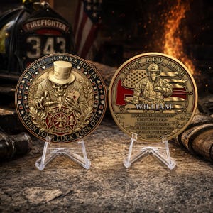 May include: Two circular gold-toned challenge coins displayed on clear plastic stands. The left coin features a skeleton in a top hat holding playing cards with the text WE WILL ALWAYS RUN IN WHEN YOUR LUCK RUNS OUT. The right coin shows a firefighter with the text THIN RED LINE, WILLIAM, and a religious verse.