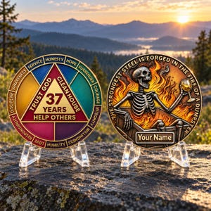 Può includere: Due monete commemorative circolari su supporti trasparenti. La moneta a sinistra presenta un triangolo colorato con il testo 37 YEARS, TRUST GOD, CLEAN HOUSE, HELP OTHERS e parole circostanti. La destra mostra uno scheletro tra le fiamme.