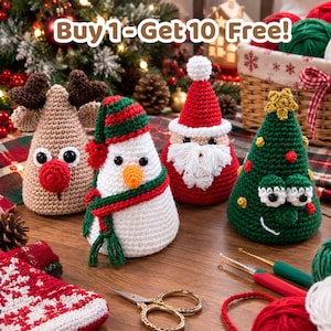 May include: Four cone-shaped crochet figures including a tan reindeer with a red nose, a white snowman with a red and green scarf, a Santa Claus with a white beard, and a green Christmas tree with a yellow star and colorful ornaments.