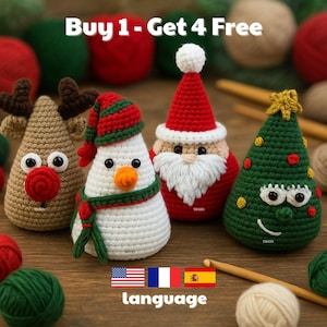 Christmas Amigurumi Crochet Pattern – Buy 1 Get 4 Free – Santa Snowman Reindeer Tree PDF Tutorial – Language: American - Spanish - French