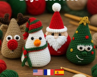 Christmas Amigurumi Crochet Pattern – Buy 1 Get 4 Free – Santa Snowman Reindeer Tree PDF Tutorial – Language: American - Spanish - French