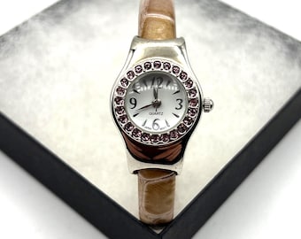 Vintage Avon Cuff Watch - Amber Crystal Accents, Tan Leather Band