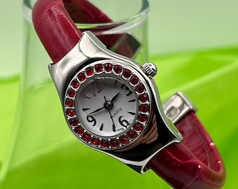 Avon Cuff Bracelet Wrist Watch - Red Crystal Accents & Red Leather Band -  Battery Powered Movement