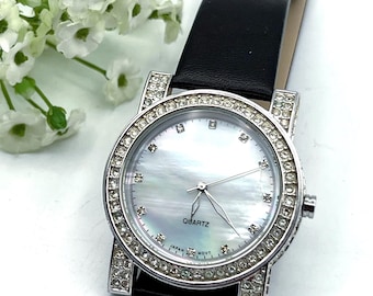 Large 38mm Avon Fashion Watch - Mother of Pearl Dial - Black Leather Band