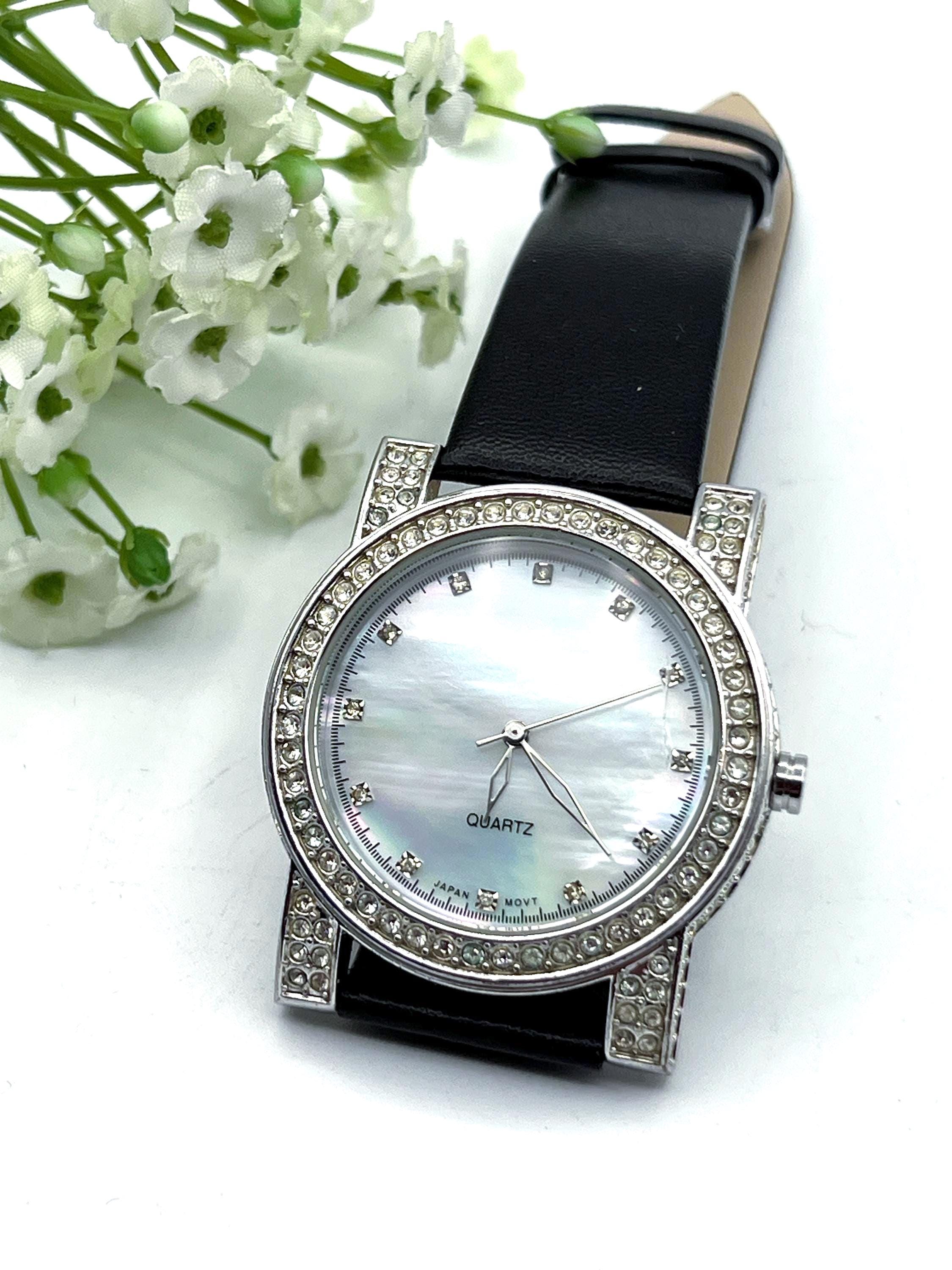 Silver Vintage Avon Watch with Black Velvet Band and Mother of Pearl Dial Avon, Gorgeous Rhinestone Accent Ladies Watch, New in Box  main image 4
