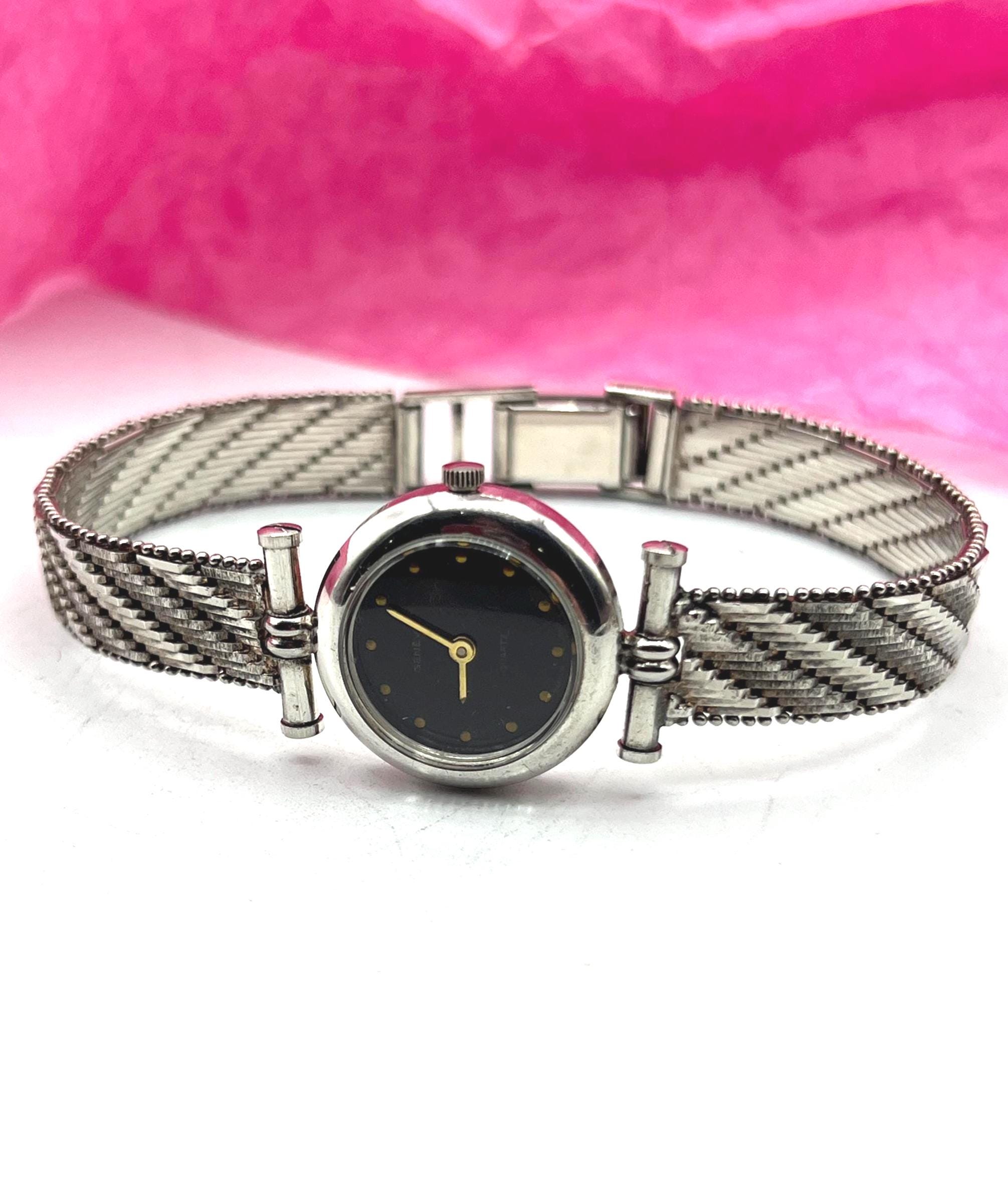 Vintage Geneve Sterling Silver Chain Link Bracelet Watch Elegant Silver Geneva Cuff Watch with Intricate Filigree  main image 2