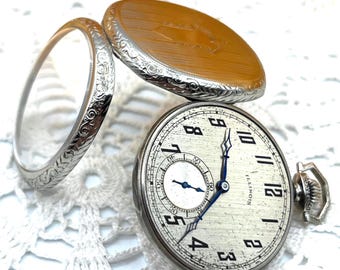 14K White Gold Illinois Pocket Watch, Size 12s, Art Deco Style, Runs, Vintage 1914