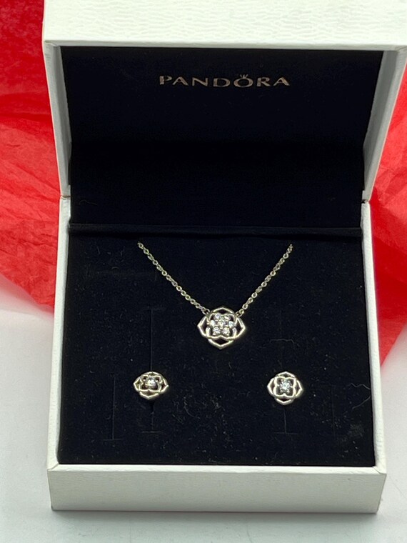 Pandora Sterling Silver Rose Petal Necklace with Matching Earrings
